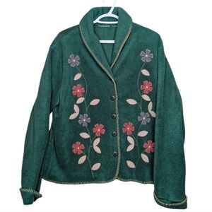 Vintage Floral Embroidered Green Fleece Button Down Cardigan Sweater Jacket L-XL